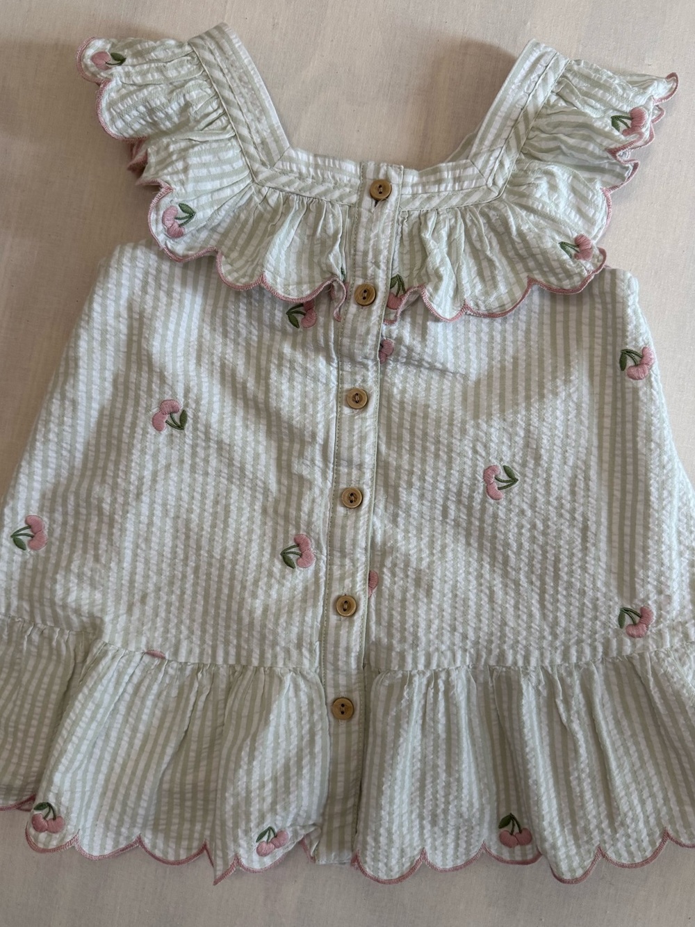 Happily Grey Kids Green Seersucker Cherry Dress Ruffle Scallop Trim 5T